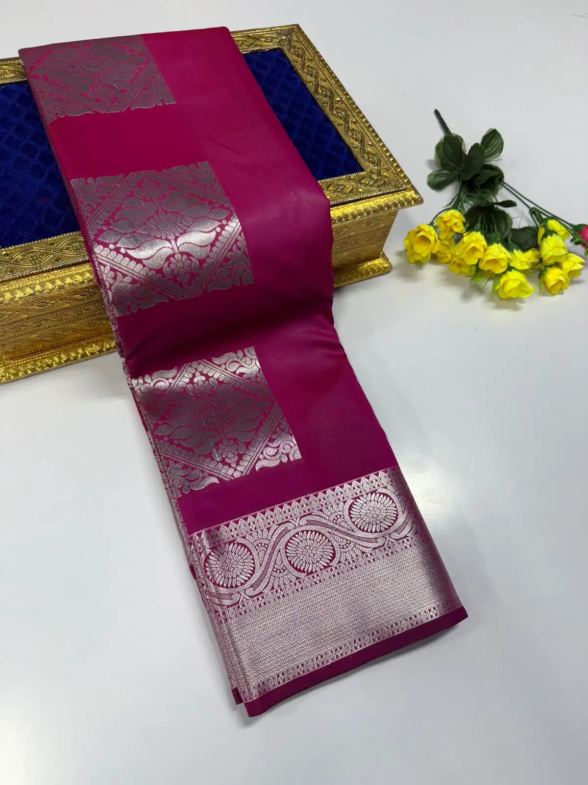 Peacock Square Box Zari Butta Floral Border Semi Kanchipuram Silk Saree